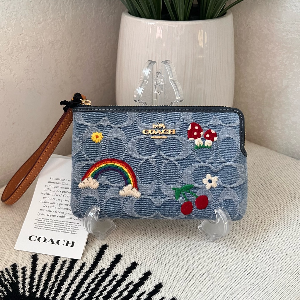 Coach Blue Denim Wristlet With Rainbow & Cherry Patches